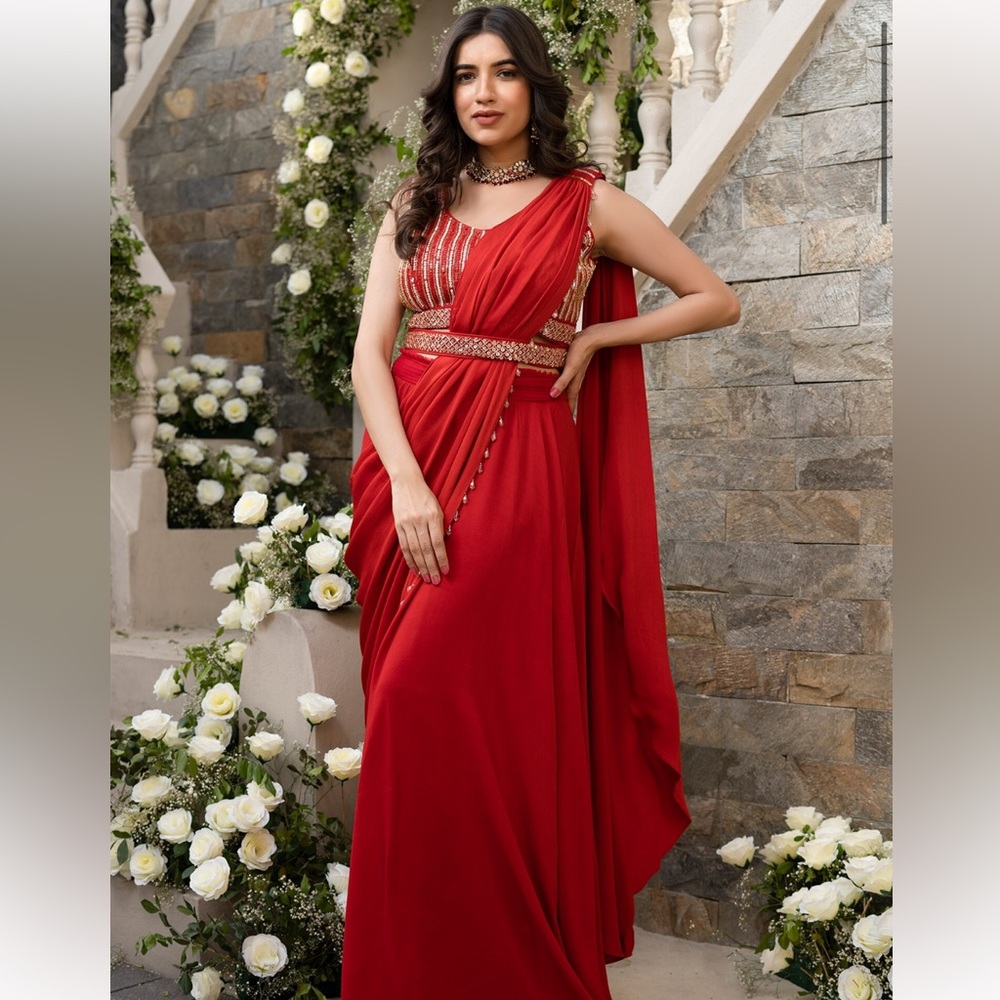 Red Georgette Embroidery Sequin Round Pre-Draped Lehenga Saree With Blouse
